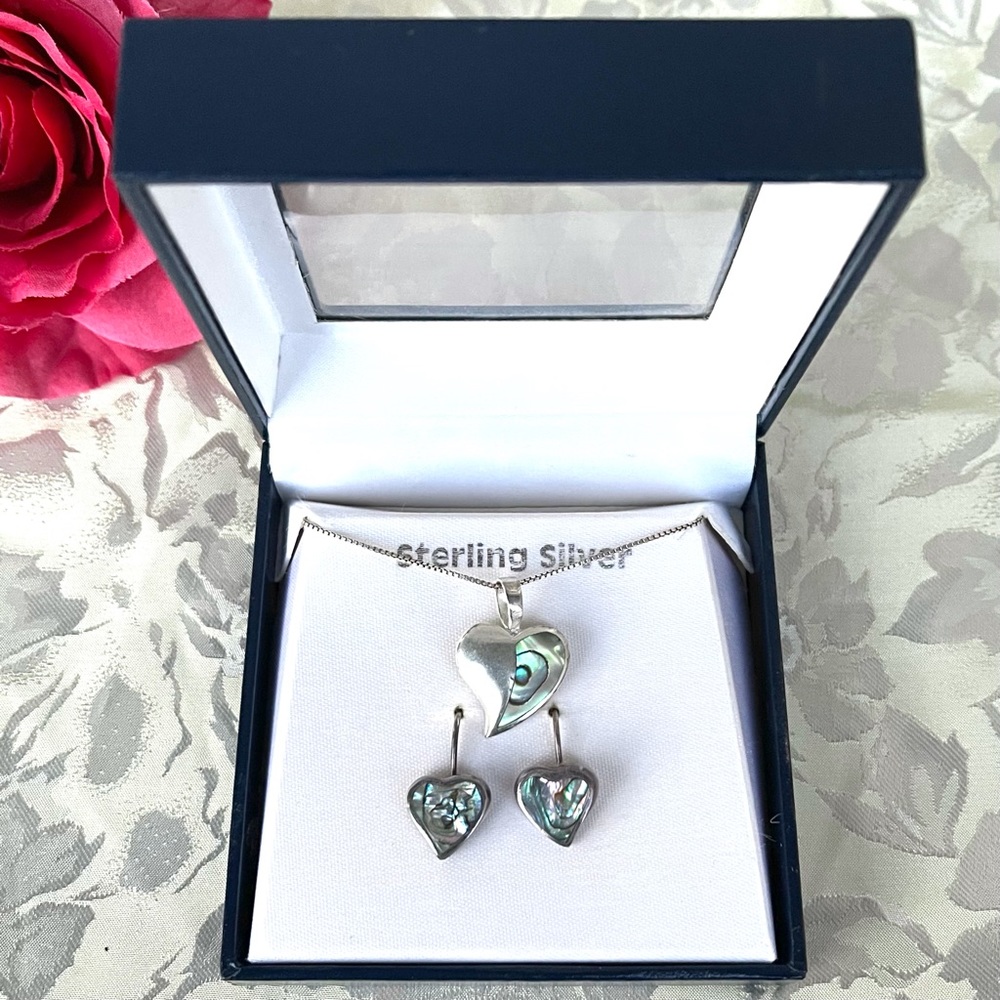 Vintage Abalone & Sterling Silver Hearts Earrings Heart Necklace Jewelry Set